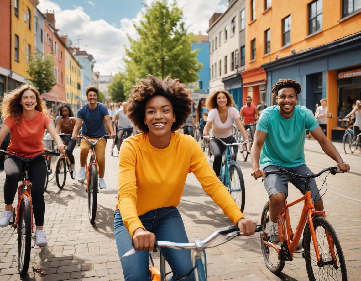 A vibrant scene showing a diverse group of enthusiastic young people engaging in various trendy lifestyle activities, such as outdoor fitness, artistic expression, and social volunteering, set against a modern urban backdrop. Capture their joy and community spirit with lively colors and dynamic poses. Include elements like bicycles, art supplies, and outdoor events to emphasize connectivity and engagement. super-realistic. vibrant colors. 3D.