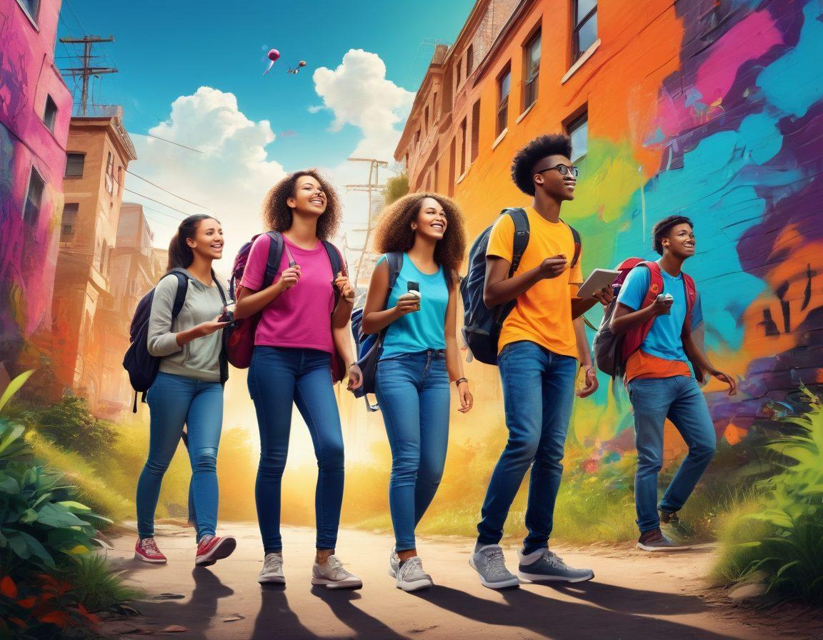 A vibrant scene depicting a diverse group of energetic young people engaging in various activities of exploration such as hiking, traveling, and brainstorming in an urban setting. Incorporate elements like social media icons, colorful graffiti, and nature in the background to symbolize the merging of technology and the natural world. The young individuals should express enthusiasm and creativity. Illustrate a sense of community and collaboration. vibrant colors. modern illustration.
